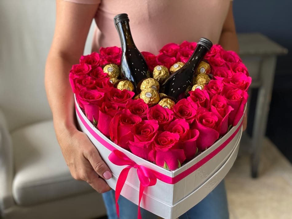 Gift Heart Shaped Box With Hot Pink Roses Chocolate And Champagne