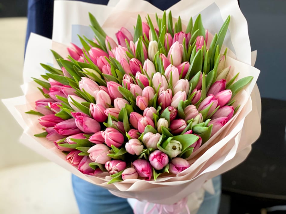 100 Light Pink And Pink Tulips Hand Crafted Bouquet