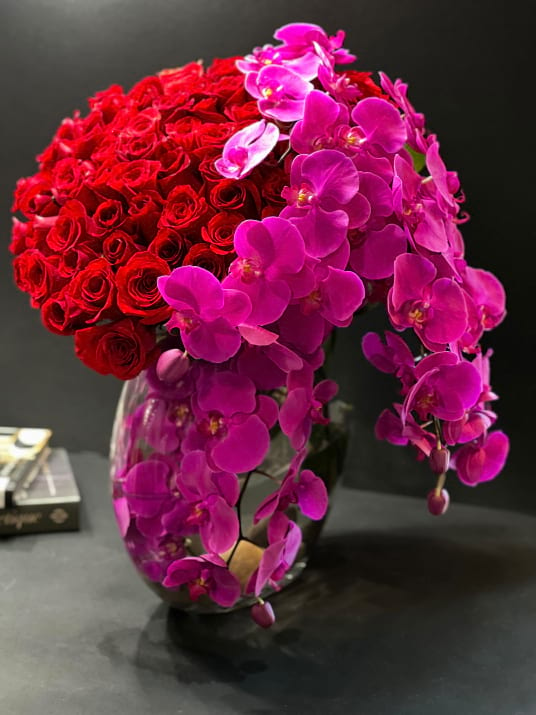 Contemporary Design With Red Roses And Orchids