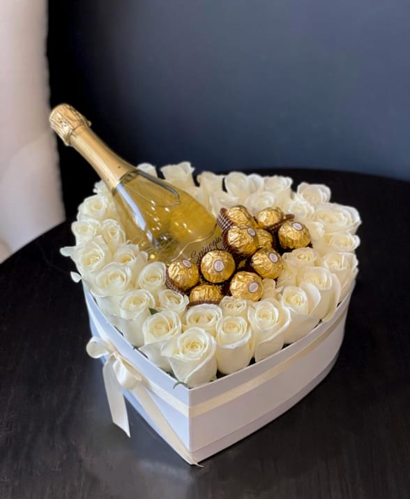 Gift Heart Shaped Box With White Roses Chocolate And Champagne