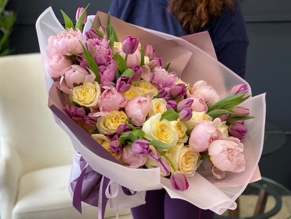 Hand Crafted European Bouquet With Roses Peonies And Tulips