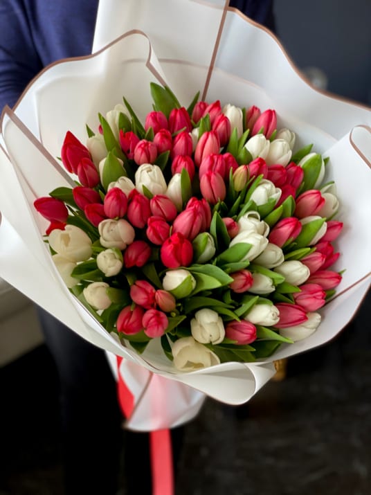 75 Red White Tulips Luxury Bouquet