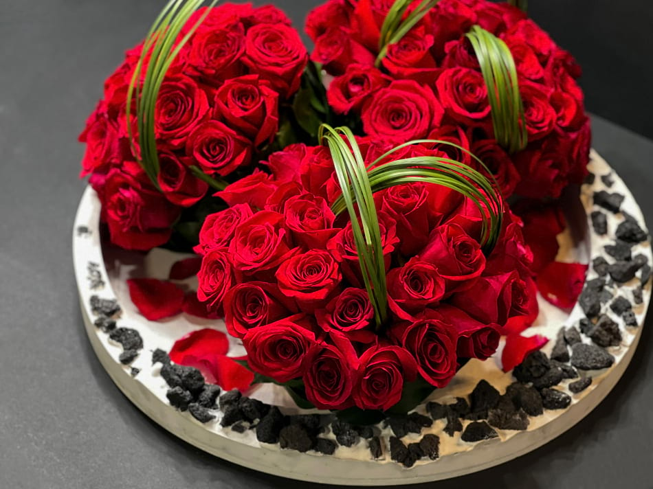 Red Roses Arrangement In Custom Round Tray