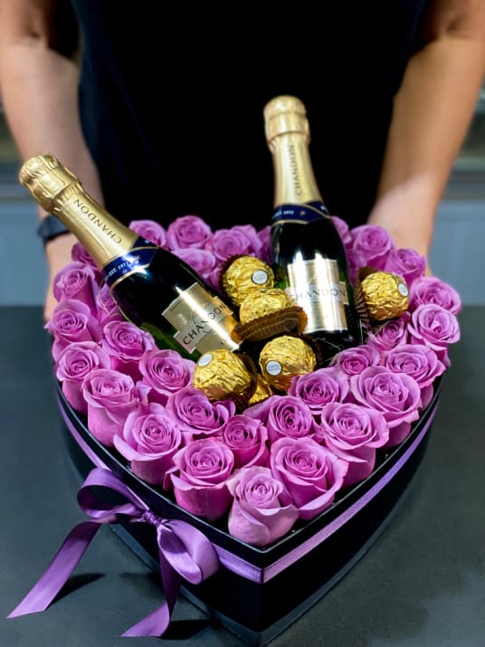 Heart Shaped Box With Lavender Roses Chocolates And Champagne 2X375Ml